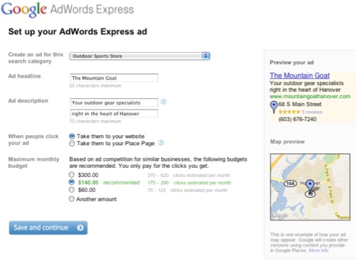 Le formulaire de création de compte Adwords Express Le formulaire de création de compte Adwords Express