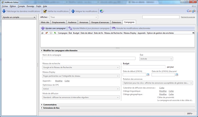 Interface de Google AdWords Editor 9.5 (français) Interface de Google AdWords Editor 9.5 FR