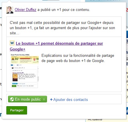 Exemple de partage de page vers Google+ avec le bouton +1 de Google Exemple de partage de page vers Google+ avec le bouton +1 de Google
