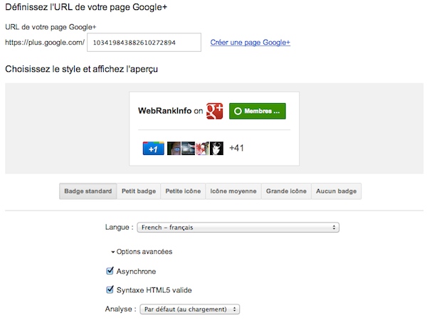 Formulaire badge page Google+ Formulaire badge page Google Plus