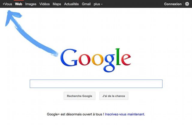 La promo de Google+ en page d'accueil de Google La promo de Google Plus en homepage Google