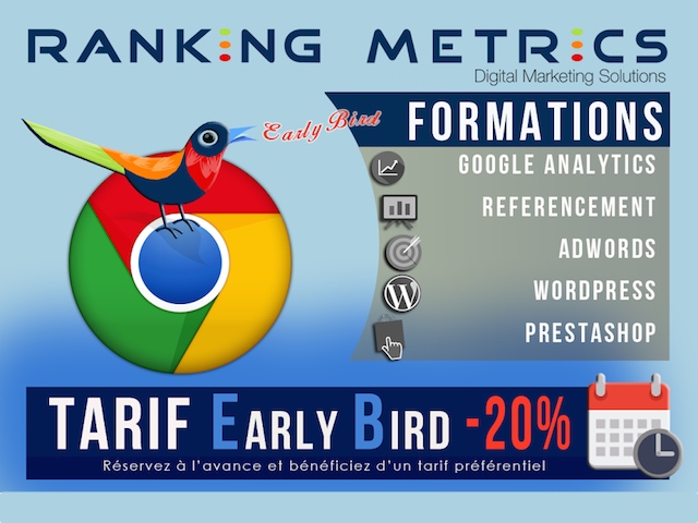 Toutes les prochaines formations Ranking Metrics (SEO, AdWords, Analytics, réseaux sociaux) Toutes les prochaines formations Ranking Metrics (SEO, AdWords, Analytics, réseaux sociaux)