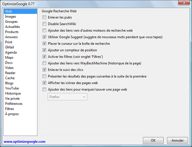 Réglages de l'extension Optimize Google pour Firefox