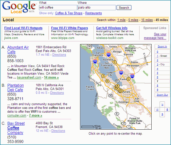 résultats de la recherche 'wifi coffee' sur Google Local