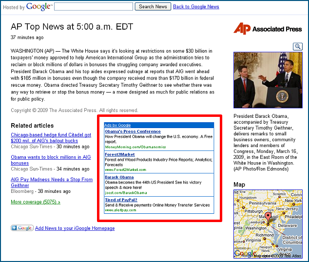 Publicité AdWords sur les hosted news de Google News