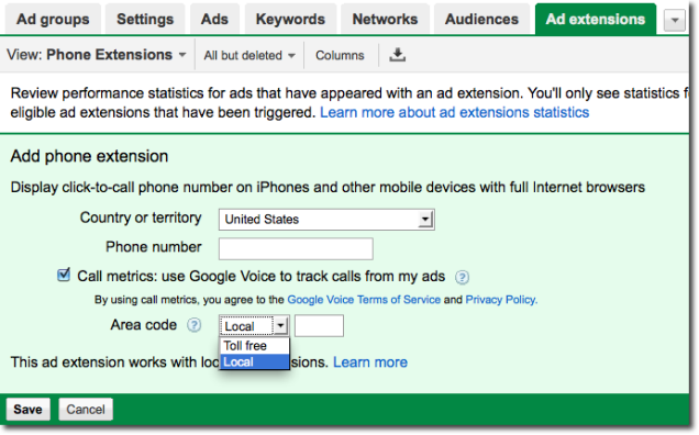 Google AdWords Call Metrics dans l'interface AdWords