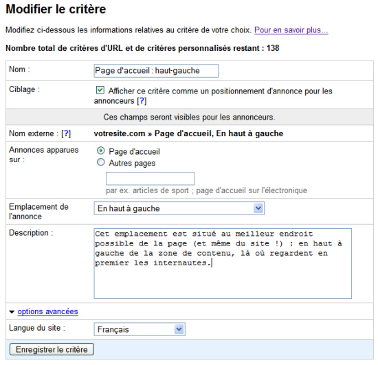 Critère personnalisé avec ciblage
