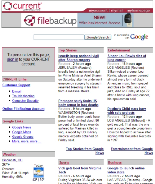 Page d'accueil personnalis�e Google pour Current Communications