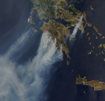 Incendies en Grèce vus par satellite dans Google Earth