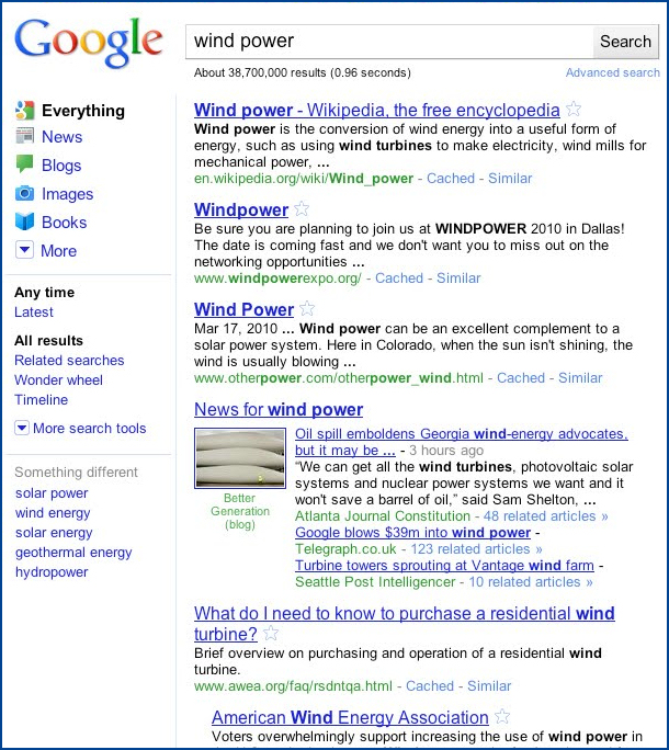 Interface de recherche Google en anglais