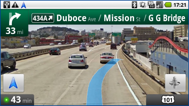 Google Maps Navigation en mode Street View sur un téléphone mobile Androïd