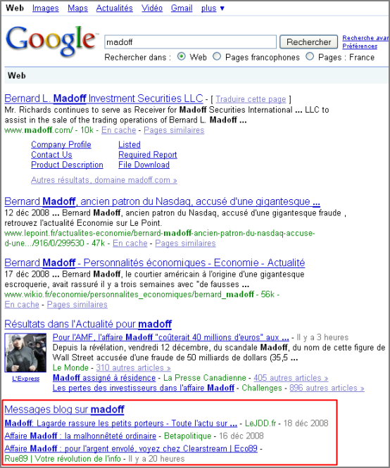 Des résultats issus des blogs dans les SERP google.fr