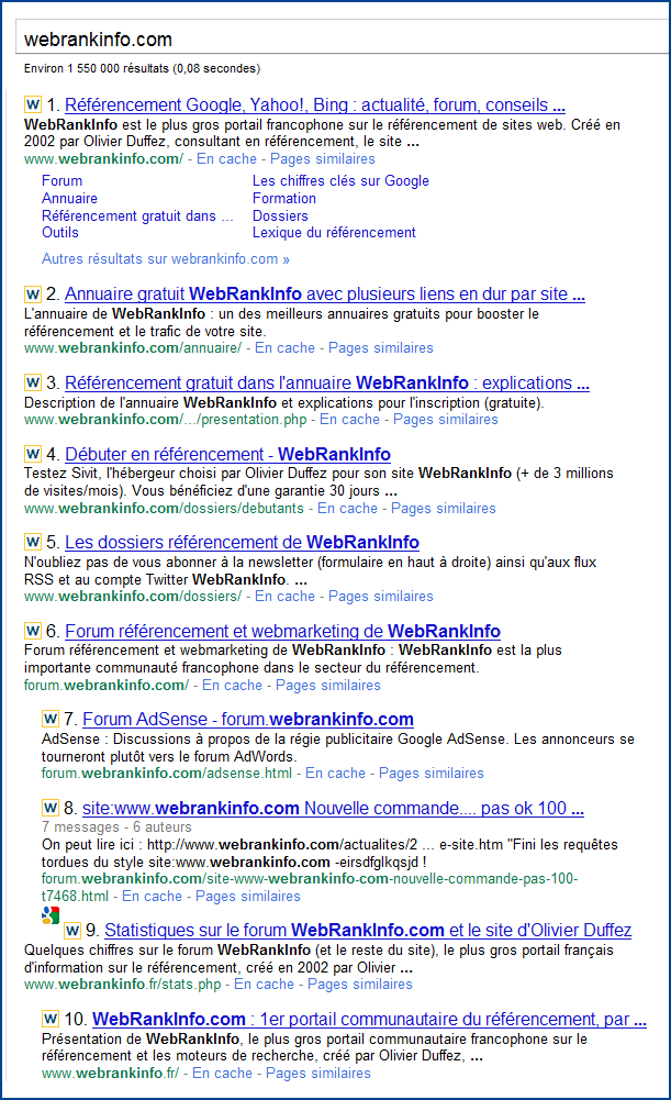 Exemple de page de SERPs Google avec plusieurs résultats issus des mêmes sous-domaines