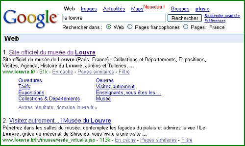 Exemple de SiteLinks Google pour le site du Louvre