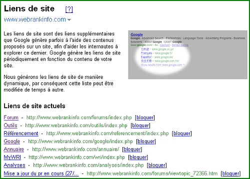 Interface de personnalisation des SiteLinks Google pour le site WebRankInfo