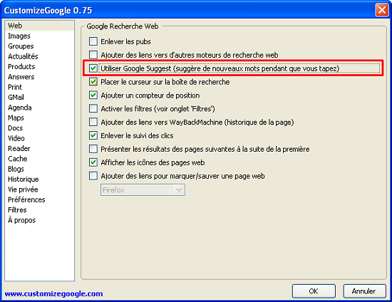 Activation ou désactivation de Google Suggest dans le plugin Firefox CustomizeGoogle