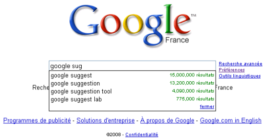Exemple de suggestions par Google Suggest