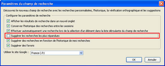 Activation ou désactivation de Google Suggest dans la Google Toolbar