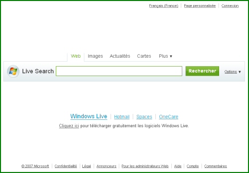 Interface de Live Search en septembre 2007