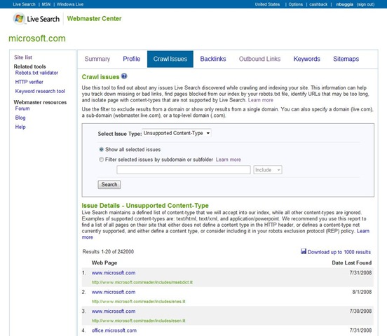 Liste des problèmes de crawl dans Live Search Webmaster Center