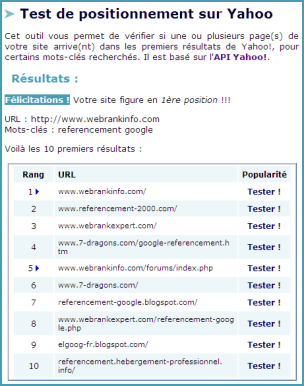 Outil d'analyse du positionnement sur Yahoo