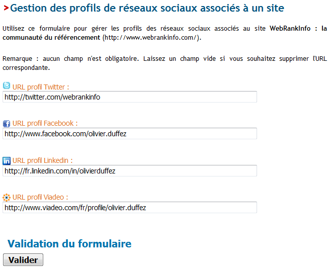 Formulaire de gestion des profils de réseaux sociaux