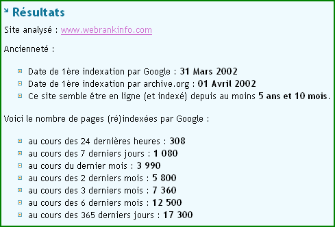 Analyse de l'indexation du site WebRankInfo dans Google