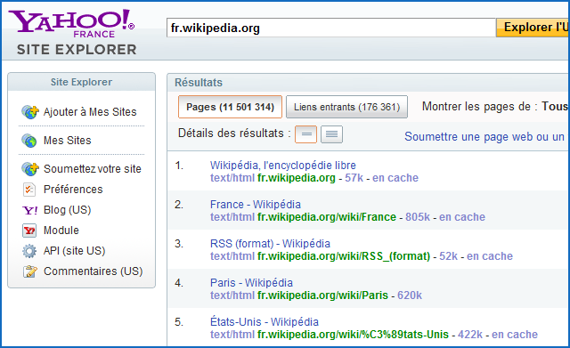 Interface Yahoo Site Explorer en français
