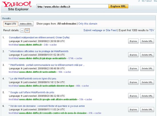 Liste des pages indexées et de backlinks dans Yahoo Site Explorer