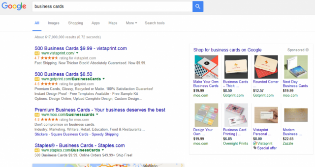 AdWords : 4 pubs en haut et Google Shopping