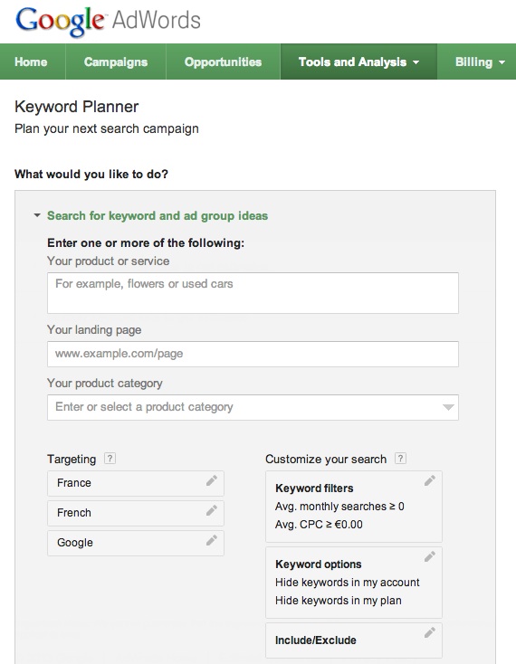 Adwords Keyword Planner recherche de mots-clés