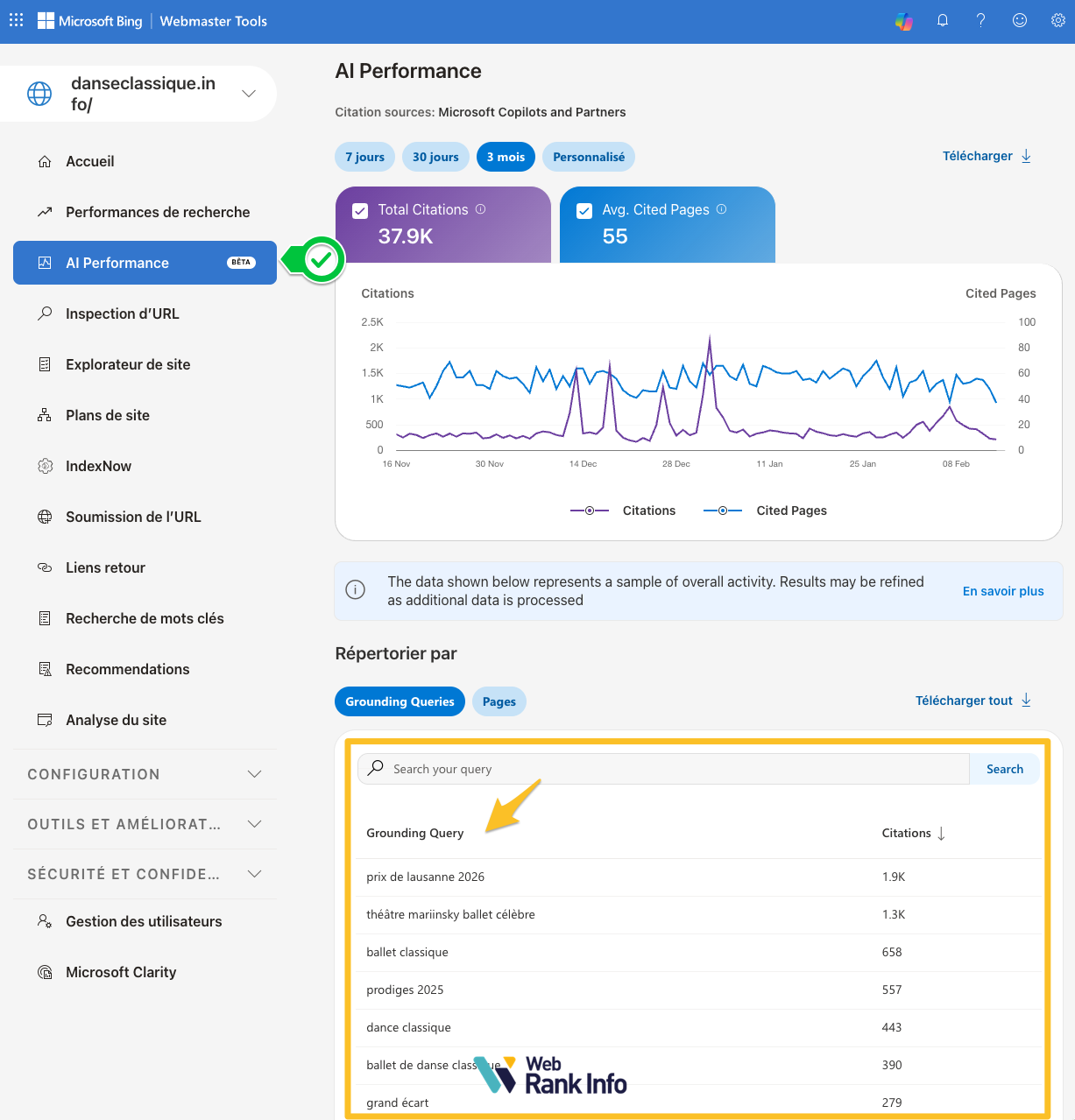 Rapport AI Performance dans Bing Webmaster Tools