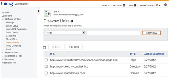 Formulaire pour désavouer un backlink chez Bing Comment désactiver un backlink pour Bing