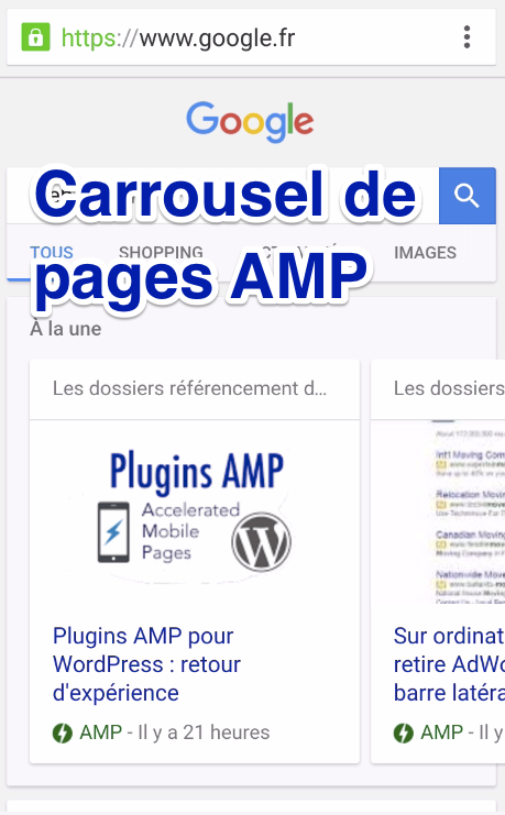 Exemple de carrousel pages AMP dans les résultats mobiles de Google