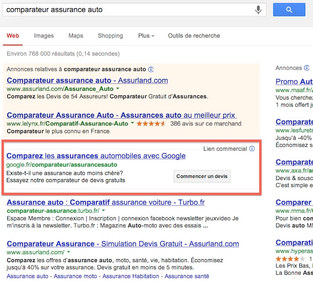 Comparateur d'assurance auto de Google