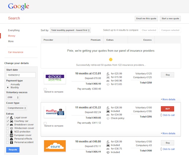 listing comparateur assurance auto Google UK