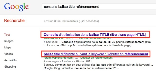 Titre affiché dans les SERP Google