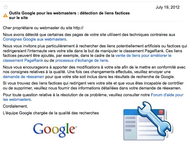 Détection de liens factices : message Google