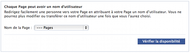 Formulaire nom d'utilisateur fan page Facebook