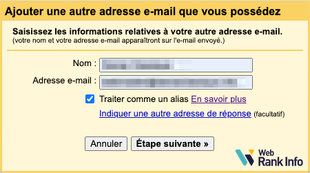 Formulaire d'ajout d'adresse mail dans Gmail