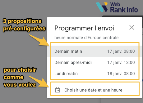 Options pour l'envoi programmé de mail Gmail