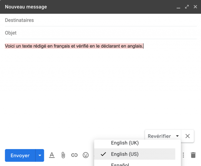 langue du correcteur d'orthographe de Gmail