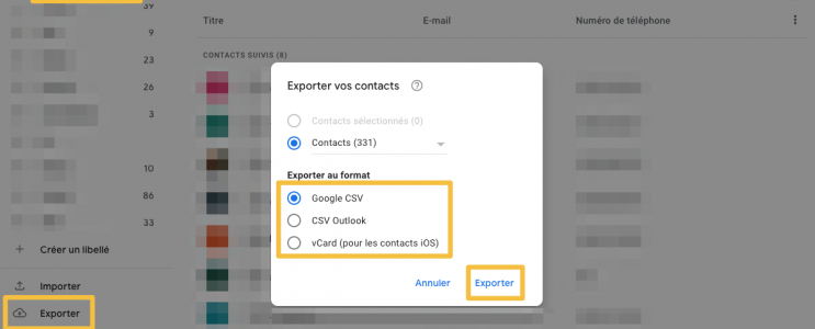 Export des contacts Gmail