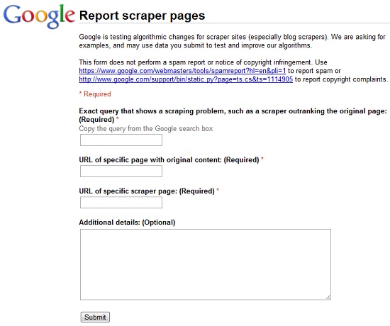 Google : Report scraper pages