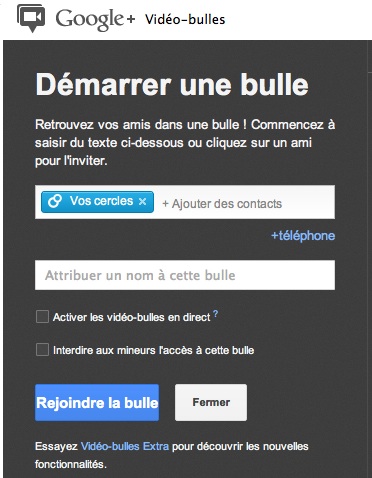 Options de création d'une vidéo-bulle en direct Configuration video bulle en direct Google Plus