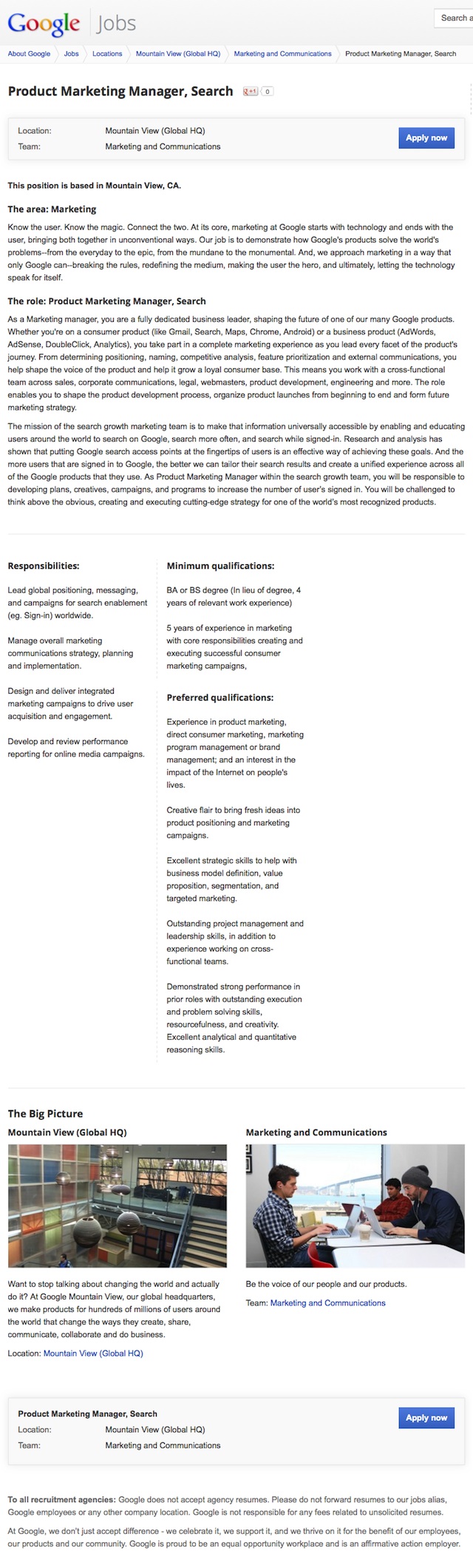 Détails de l'offre d'emploi Google Search Marketing
