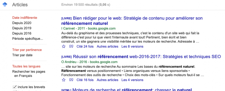 résultats de recherche Google Scholar