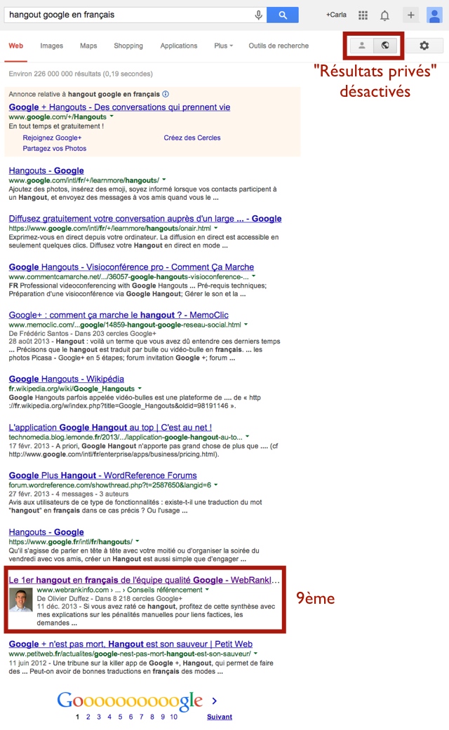 SERP Google résultats privés désactivés