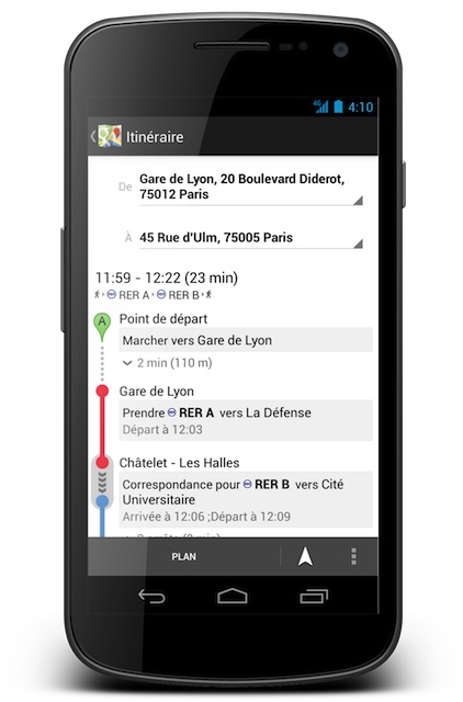 Google Transit à Paris sur mobile