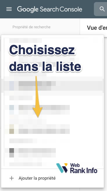 Choisir une propriété Google Search Console